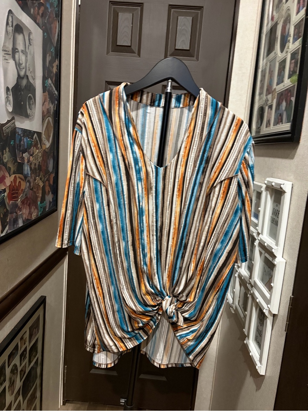 Striped Knot-Front Women’s Top in Blue, Tan & White